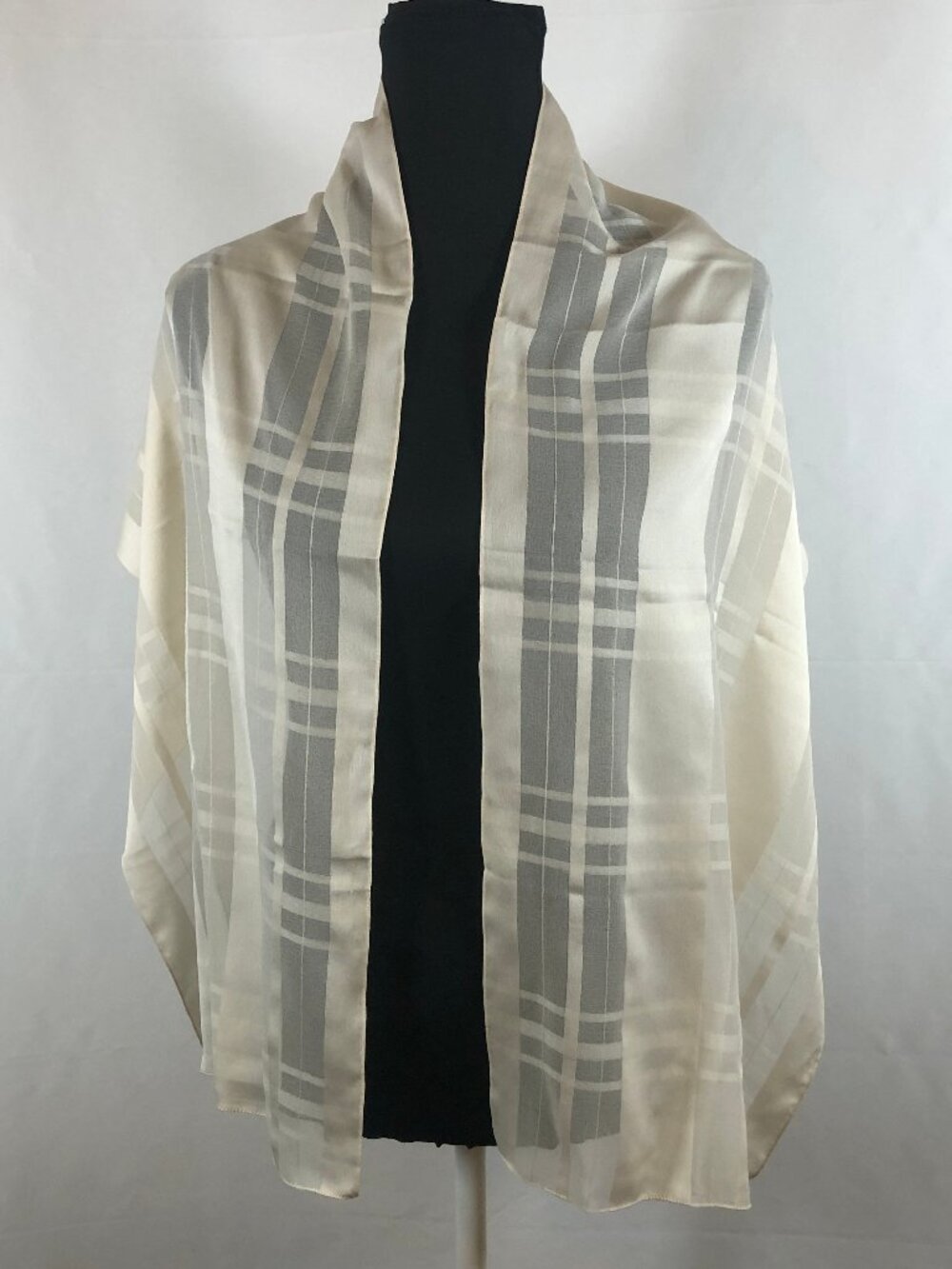Vintage Sheer Ivory/Champagne Plaid Scarf — Quiet Luxury Minimalist Elegance - Picture 8 of 13